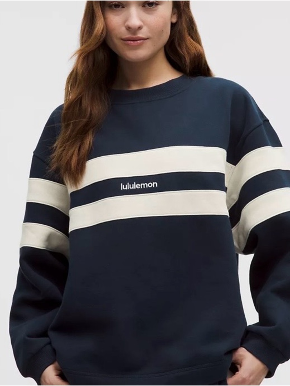 lululemon athletica Navy and Cream Striped Crew Sweatshirt